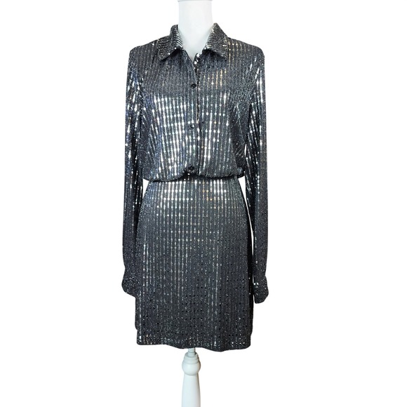 Cider Dresses & Skirts - Cider Silver Sequin Metallic Button Up Long Sleeve Mini Dress Black Large